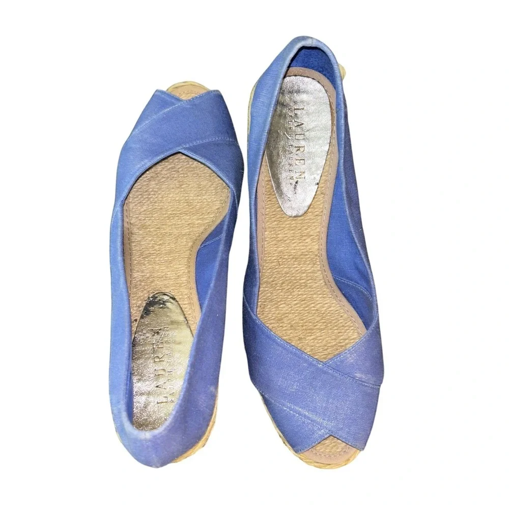 Lauren Ralph Lauren Cecilia Blue‎ Linen Espadrille Wedges Peep Toe Sandals 10B